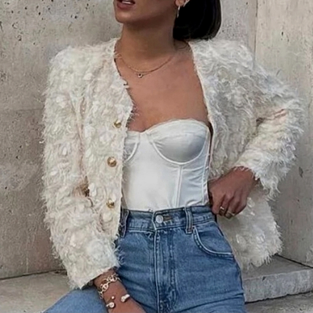 ZARA SEQUIN JACKET Cream Size XS
